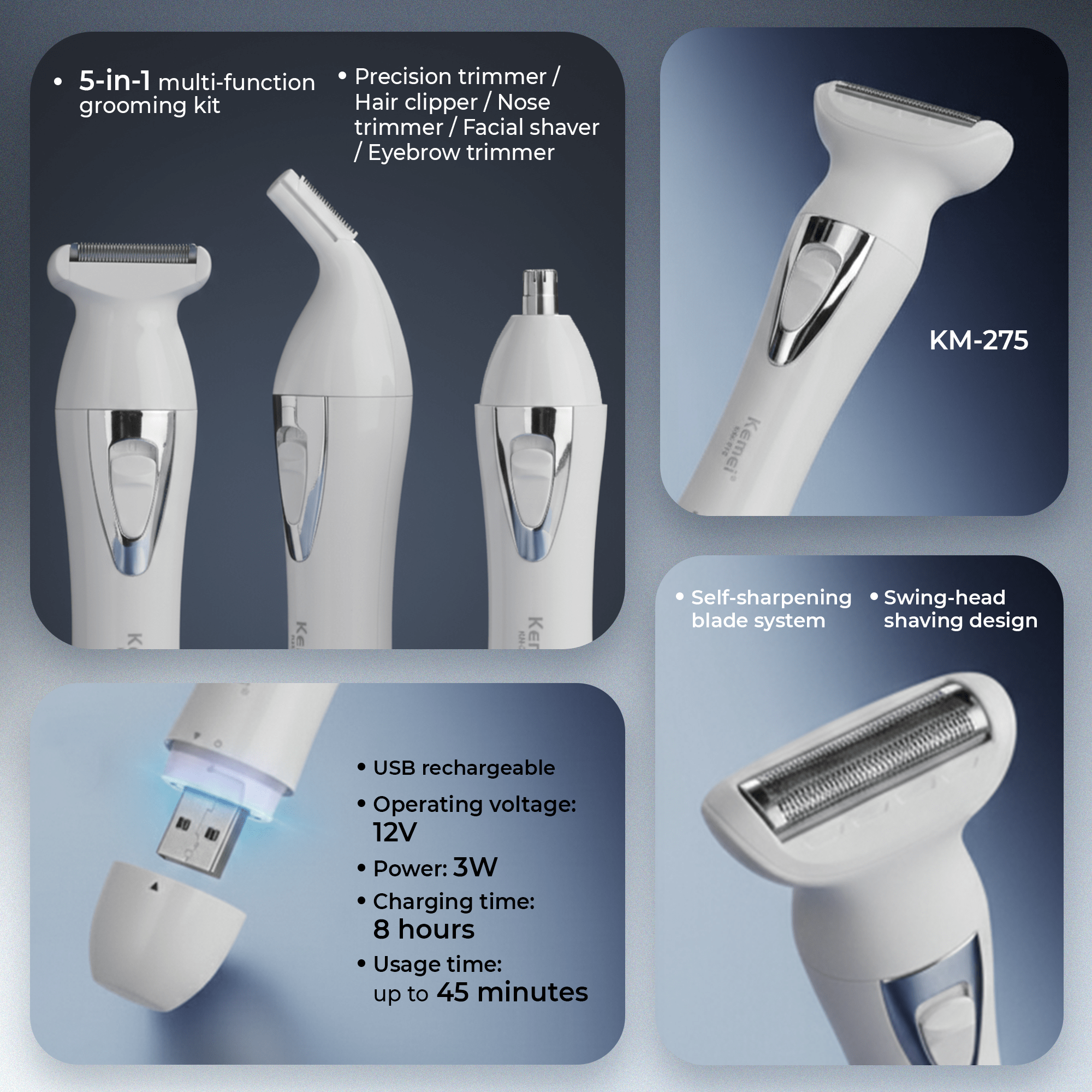 Kemei KM-275 5-in-1 Rechargeable Grooming Kit